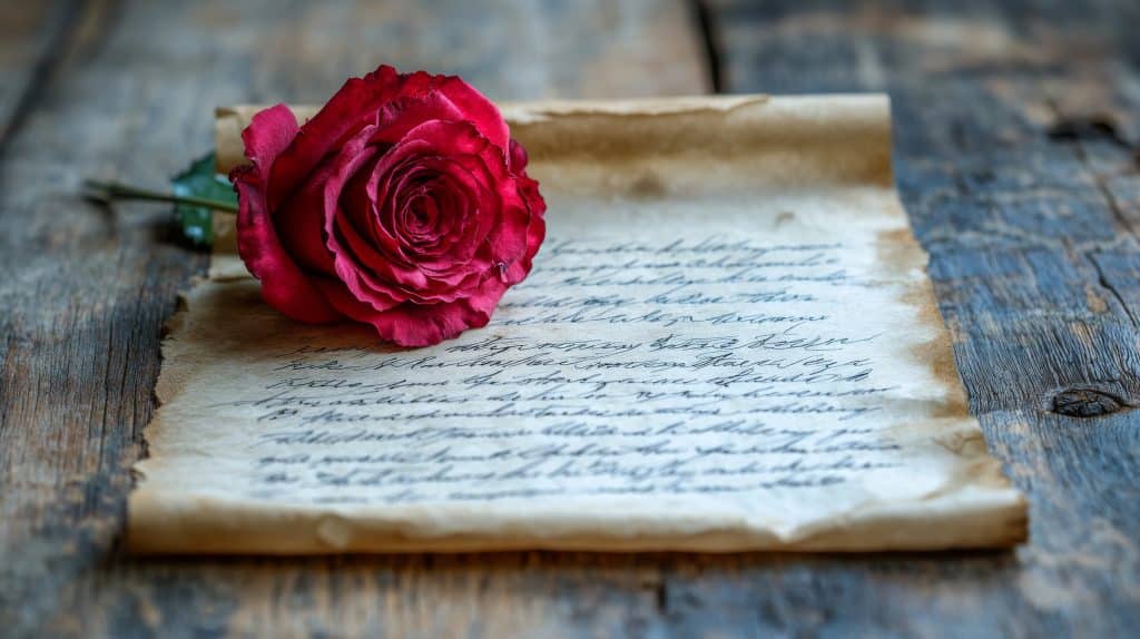 Lettre d'amour avec une rose rouge symbolisant un geste tendre et romantique